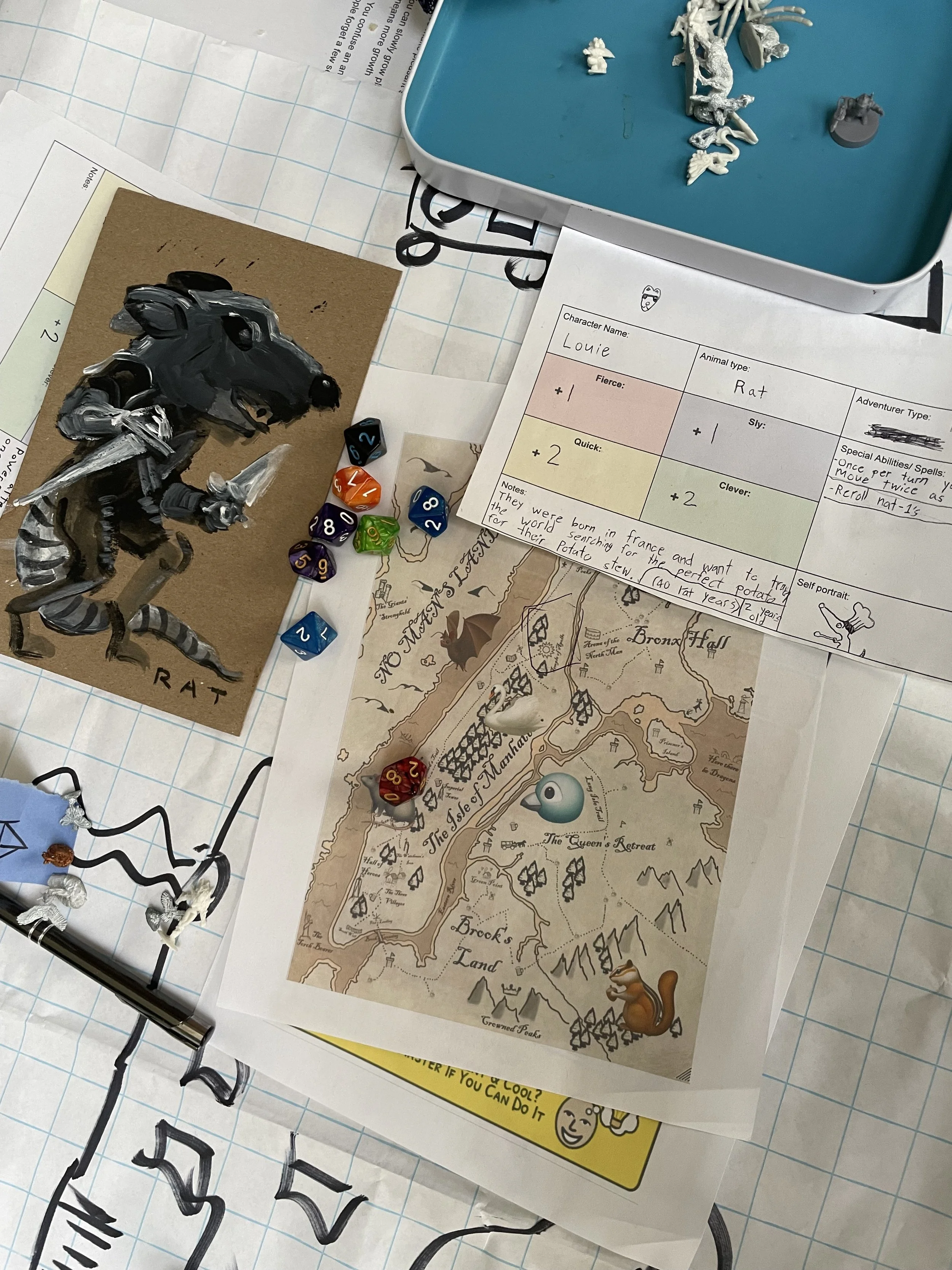 Game table with character sheets and maps